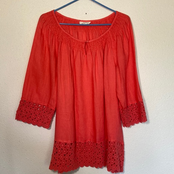 Charter Club Linen Crochet Lace Top Coral Pink Key Hole Neck 3/4 Sleeve Size 1X - Picture 1 of 9
